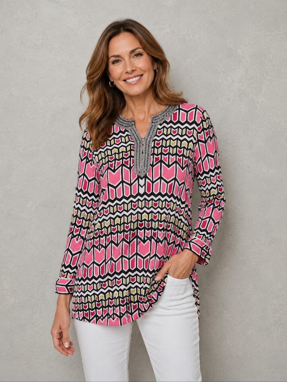 Tory Burch Pink, Black & Green Geo-Print Tunic with Beaded Placket